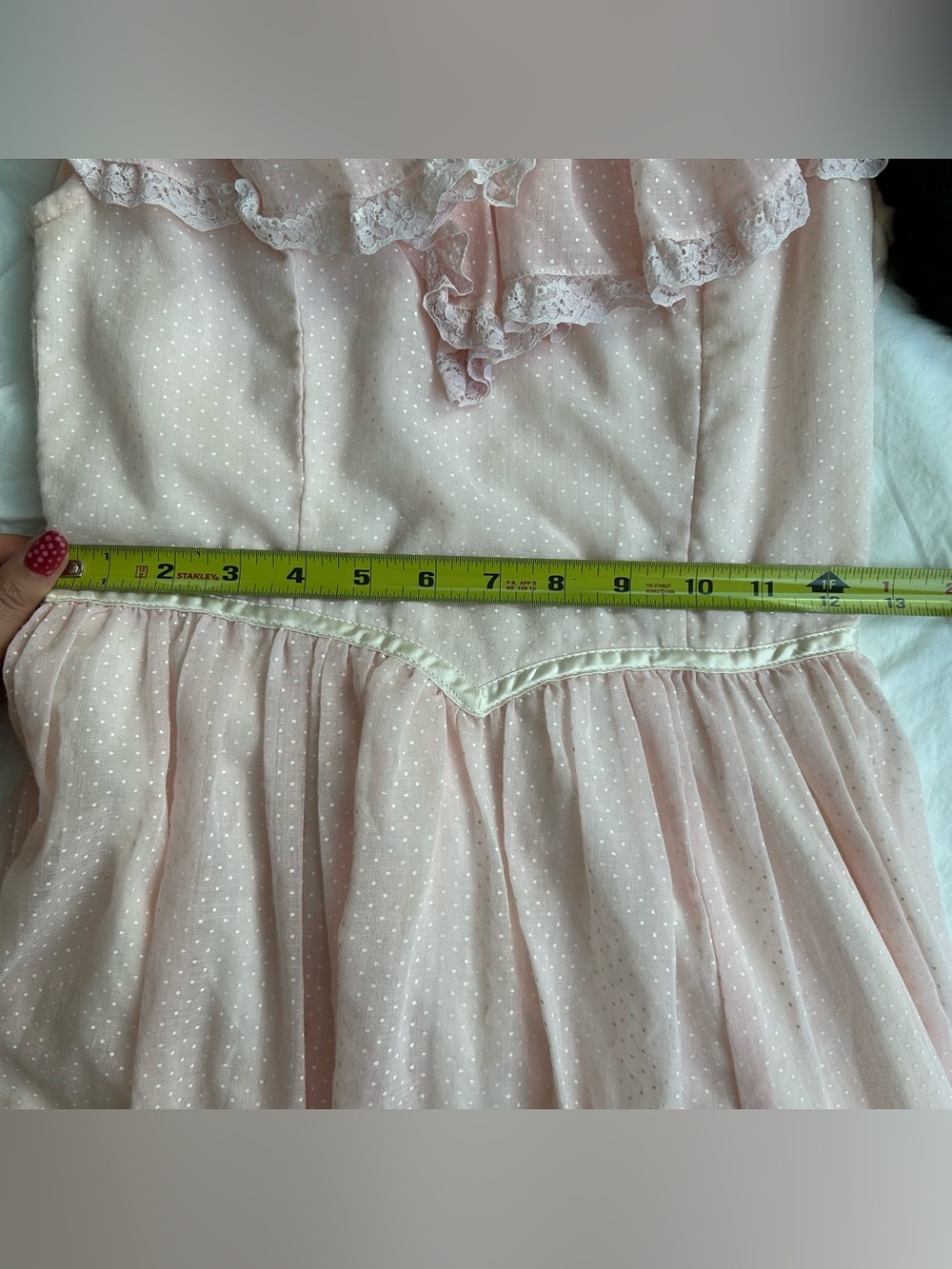 Gunne Sax Pink Polka Dot Lace Dress with Pearl Trim High Victorian Neckline - Picture 7 of 9
